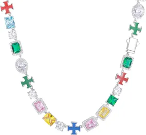 925 Sterling Silver Tennis Necklace 18K Gold Plated Diamond Chain For Men Women 8MM Tennis Diamond Necklace Colorful Cross Halo Hypoallergenic Cubic Zirconia Chains Birthday Christmas Gift