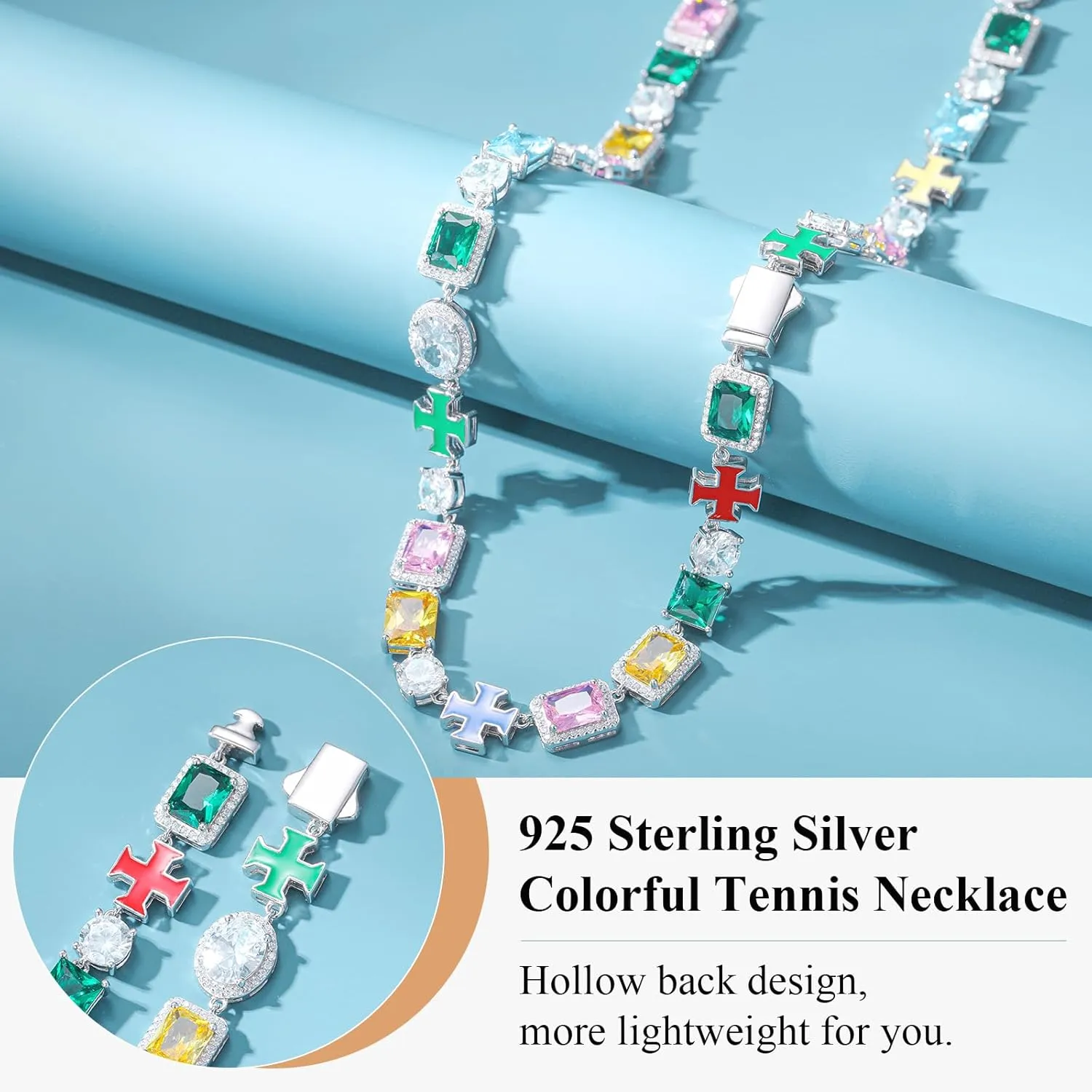 925 Sterling Silver Tennis Necklace 18K Gold Plated Diamond Chain For Men Women 8MM Tennis Diamond Necklace Colorful Cross Halo Hypoallergenic Cubic Zirconia Chains Birthday Christmas Gift