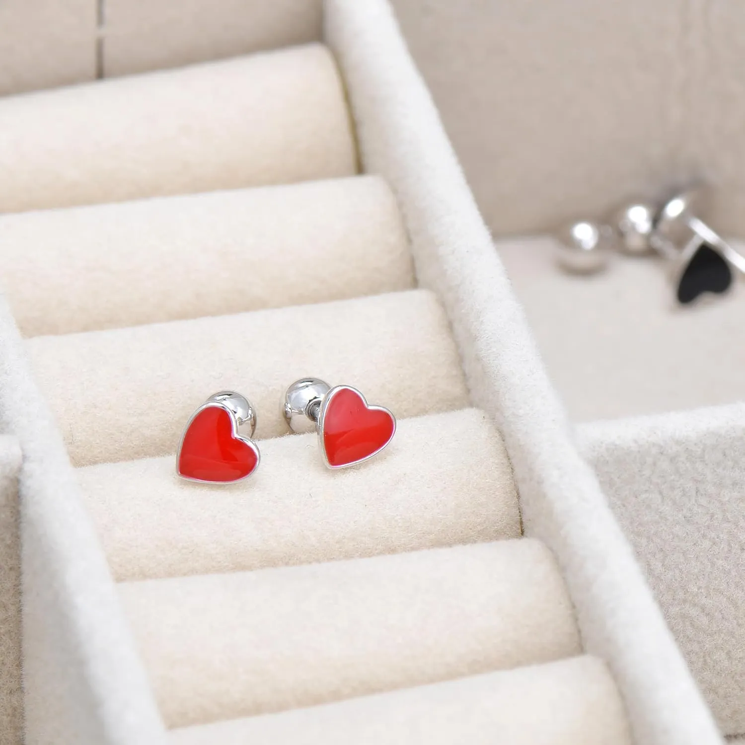 925 Sterling Silver Tiny Heart Studs Earrings for Women, Screw Backs, Red Enamel