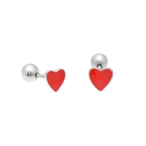925 Sterling Silver Tiny Heart Studs Earrings for Women, Screw Backs, Red Enamel