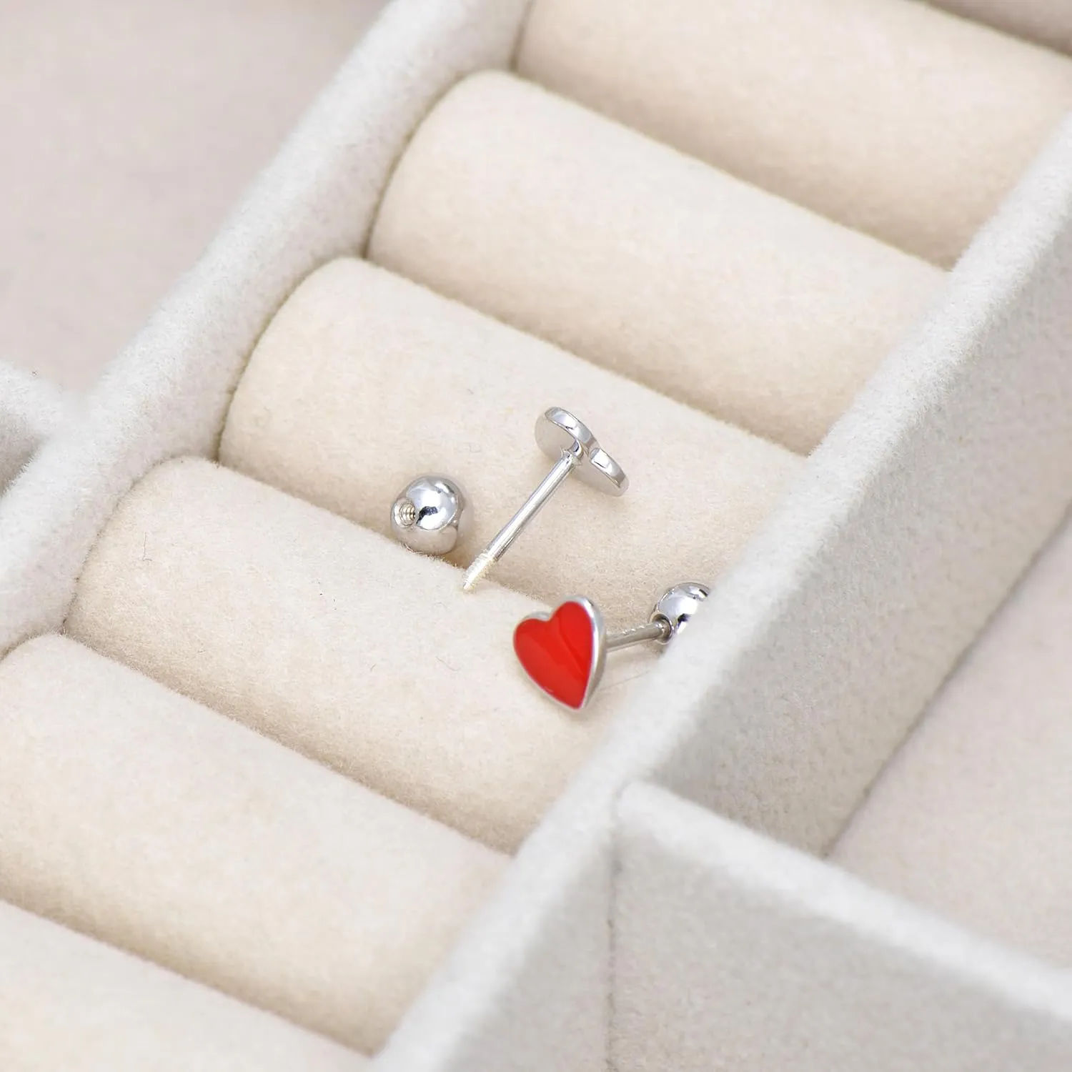 925 Sterling Silver Tiny Heart Studs Earrings for Women, Screw Backs, Red Enamel