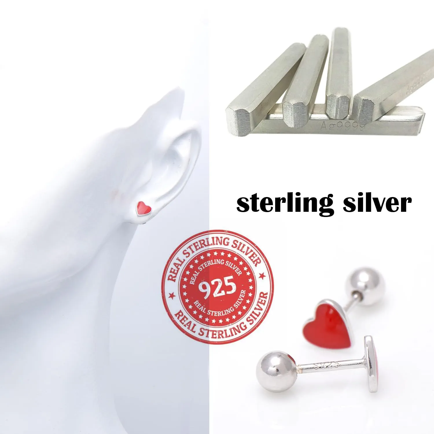 925 Sterling Silver Tiny Heart Studs Earrings for Women, Screw Backs, Red Enamel
