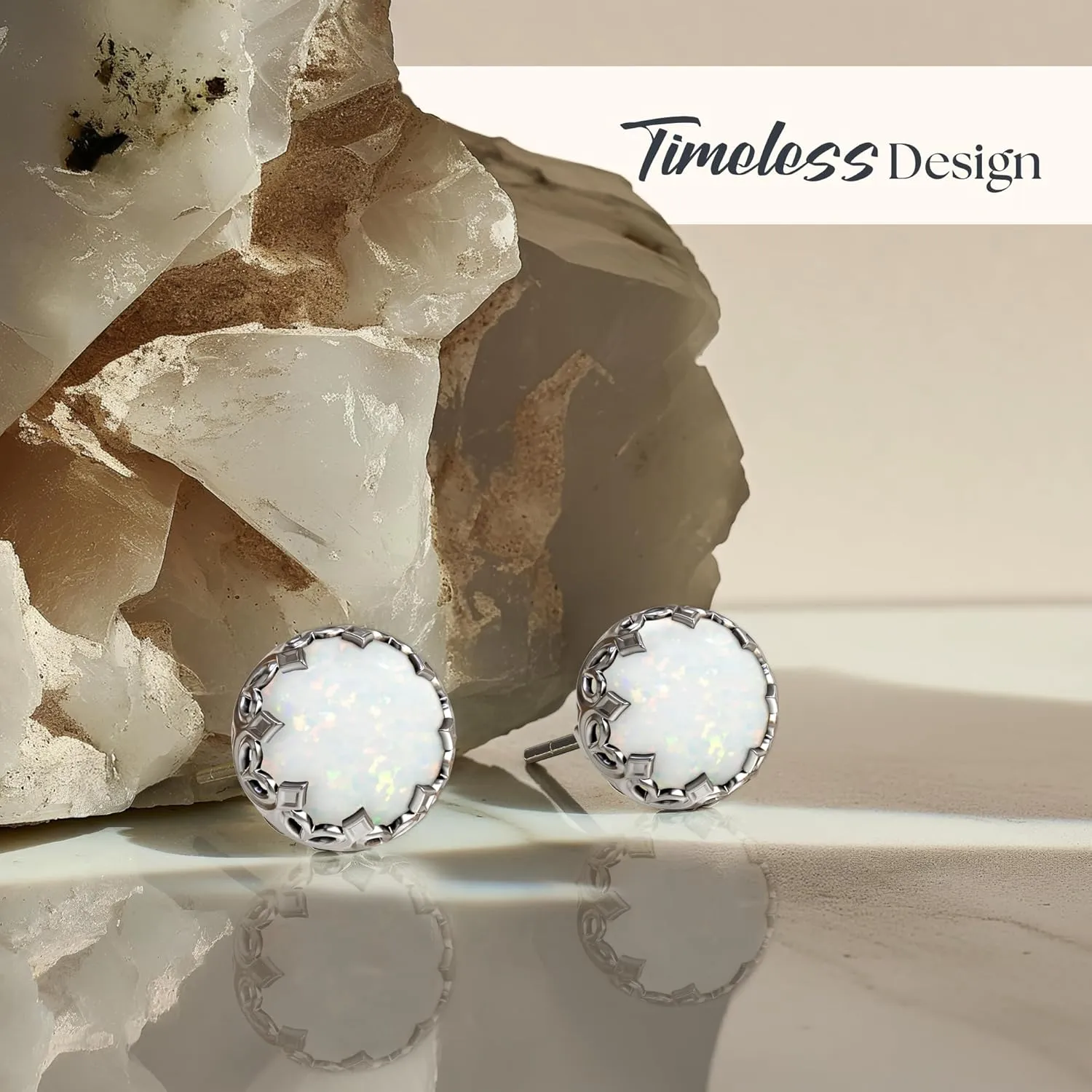 925 Sterling Silver White Opal Studs Earrings for Women - Sterling Silver Earrings Studs - October Birthstone Earrings - Opal Earrings for Women - Minimalist Earrings for Women
