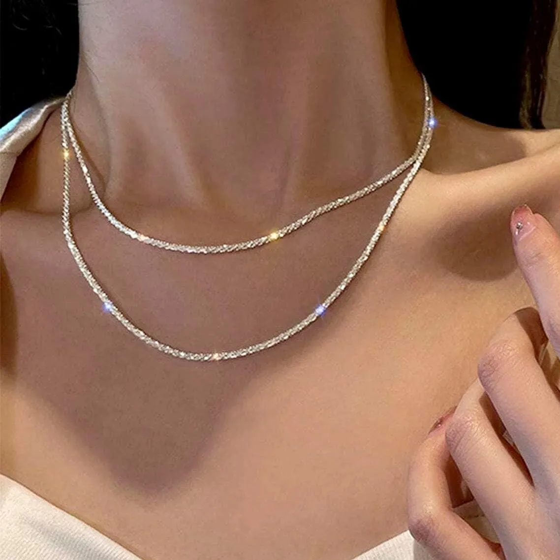 925 Sterling Snow Silver Super Glitter Twinkling Necklace Italian Magic Chain Necklace