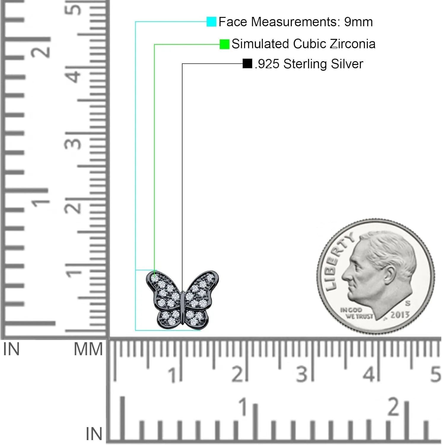 9mm Minimalist Butterfly Cluster Stud Earrings Cubic Zirconia 925 Sterling Silver Earrings