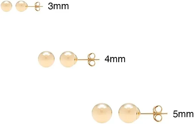 A&M 3 Pack 14k Gold Ball Stud Earrings - Lightweight Gold Studs Earrings for Women - Comfortable for Daily Wear Hypoallergenic with Secure Post Back - Sizes 3MM5MM