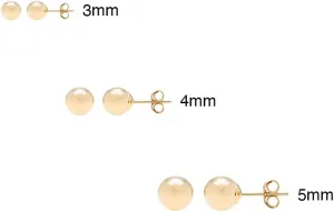 A&M 3 Pack 14k Gold Ball Stud Earrings - Lightweight Gold Studs Earrings for Women - Comfortable for Daily Wear Hypoallergenic with Secure Post Back - Sizes 3MM5MM