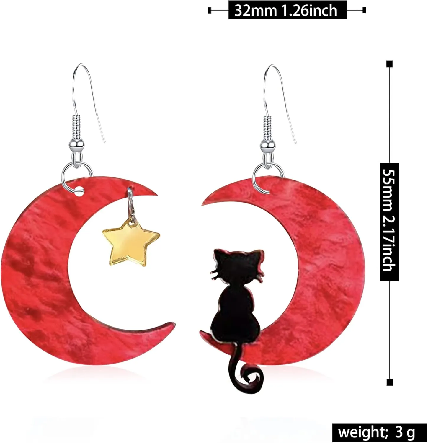 Acrylic Animal Lovely Black Fun Cat on the Moon Dangle Earrings Acrylic Star Earrings for Women Christmas Halloween Jewelry Statement