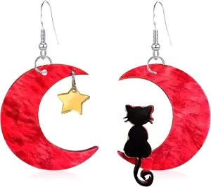 Acrylic Animal Lovely Black Fun Cat on the Moon Dangle Earrings Acrylic Star Earrings for Women Christmas Halloween Jewelry Statement