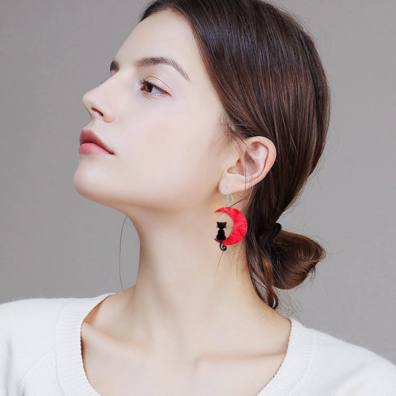 Acrylic Animal Lovely Black Fun Cat on the Moon Dangle Earrings Acrylic Star Earrings for Women Christmas Halloween Jewelry Statement