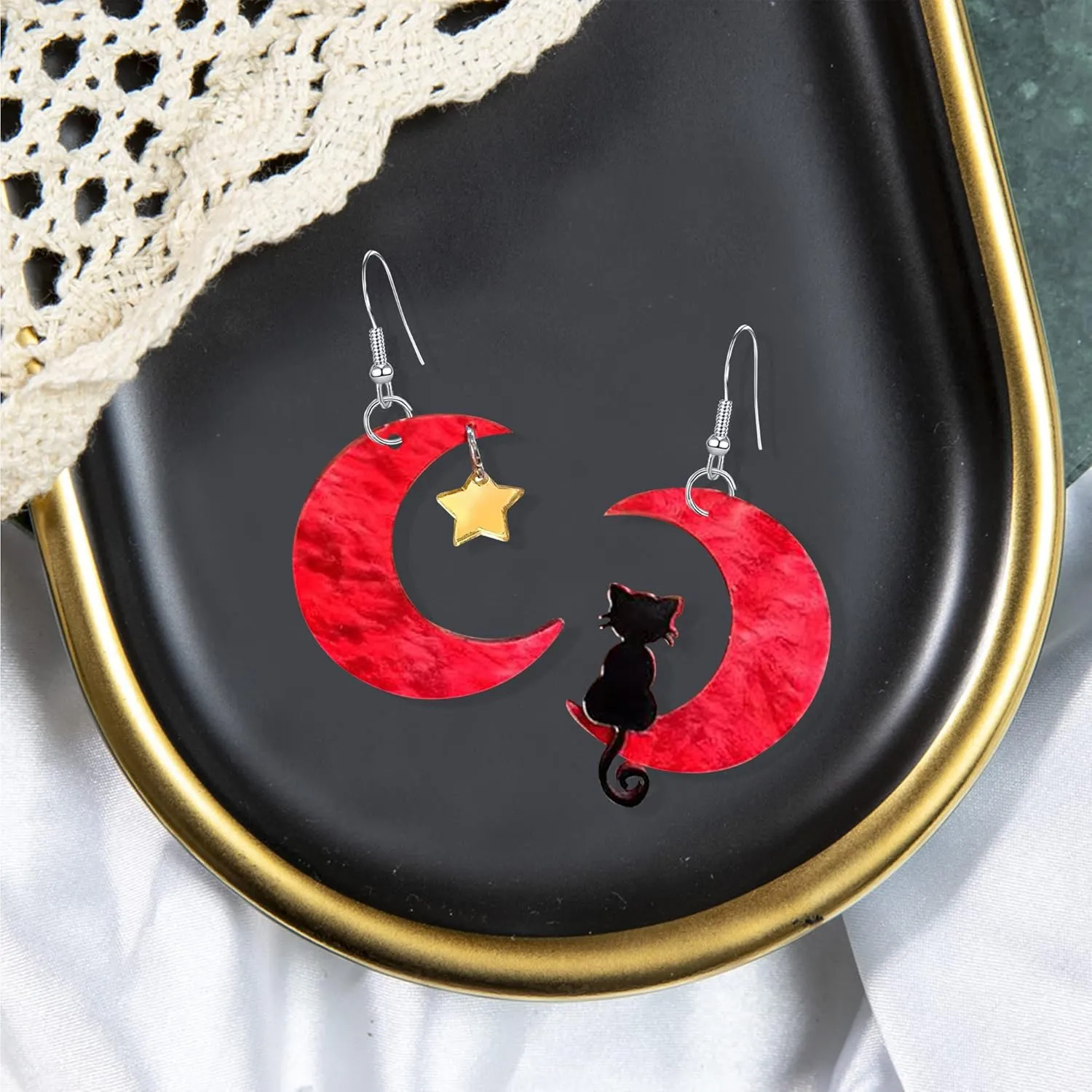 Acrylic Animal Lovely Black Fun Cat on the Moon Dangle Earrings Acrylic Star Earrings for Women Christmas Halloween Jewelry Statement