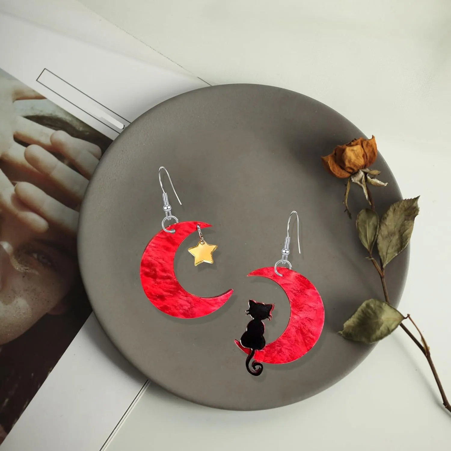 Acrylic Animal Lovely Black Fun Cat on the Moon Dangle Earrings Acrylic Star Earrings for Women Christmas Halloween Jewelry Statement