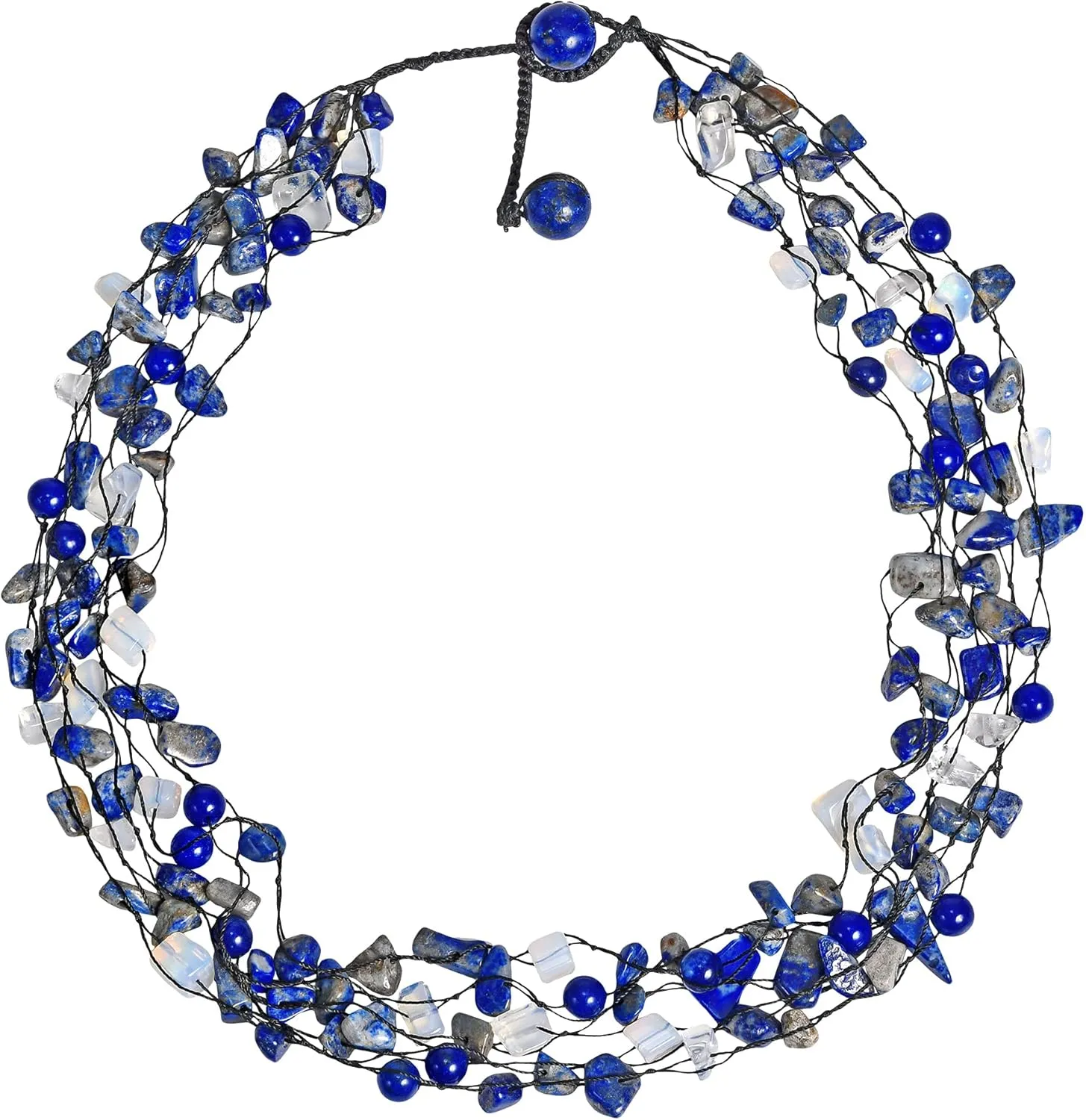 AeraVida Vibrantly Colorful Chunky Multi-Strand Necklace with Simulated Blue Lapis-Lazuli and Moon Stone Layers | Bold Boho Statement Jewelry for Women