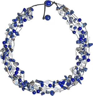AeraVida Vibrantly Colorful Chunky Multi-Strand Necklace with Simulated Blue Lapis-Lazuli and Moon Stone Layers | Bold Boho Statement Jewelry for Women