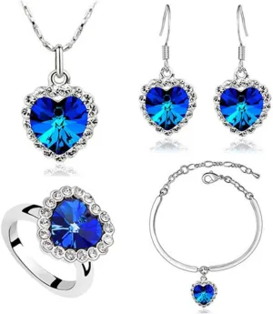 AILUOR Titanic Heart of The Ocean Necklace Earrings Bracelet and Rings Jewelry Set, Silver Blue Sapphire Crystal Necklace Pendants Wedding Prom Jewelry