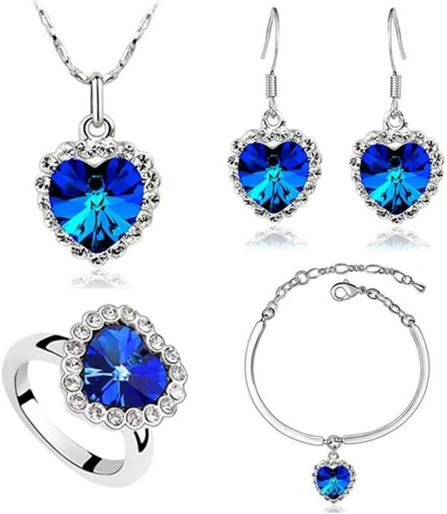 AILUOR Titanic Heart of The Ocean Necklace Earrings Bracelet and Rings Jewelry Set, Silver Blue Sapphire Crystal Necklace Pendants Wedding Prom Jewelry