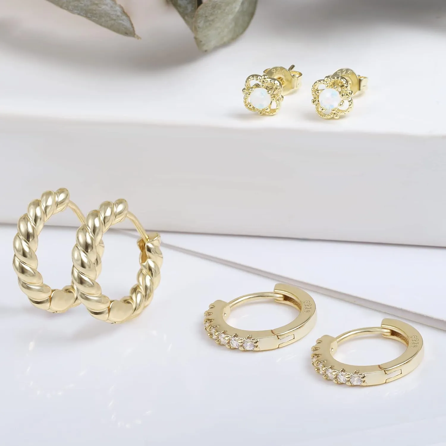 ALEXCRAFT Small Gold Hoop Earrings Set for Women Diamond Pave Gold Earrings Set with Sterling Silver Post