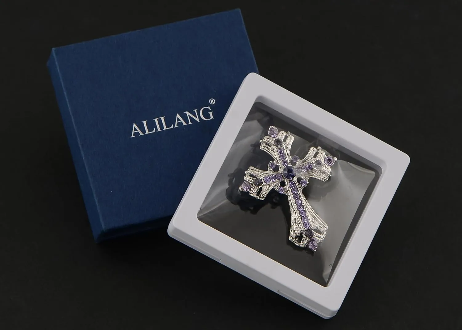 Alilang Silvery Tone Religious Cross Brooch Sparkling Aquamarine Blue or Clear Crystal Rhinestones