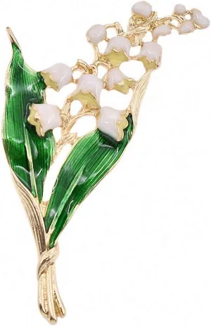 Alloy Enamel White Floral Leaf Brooch Lily Of The Valley Gold Brooch Pin