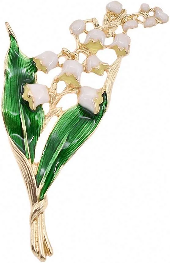 Alloy Enamel White Floral Leaf Brooch Lily Of The Valley Gold Brooch Pin
