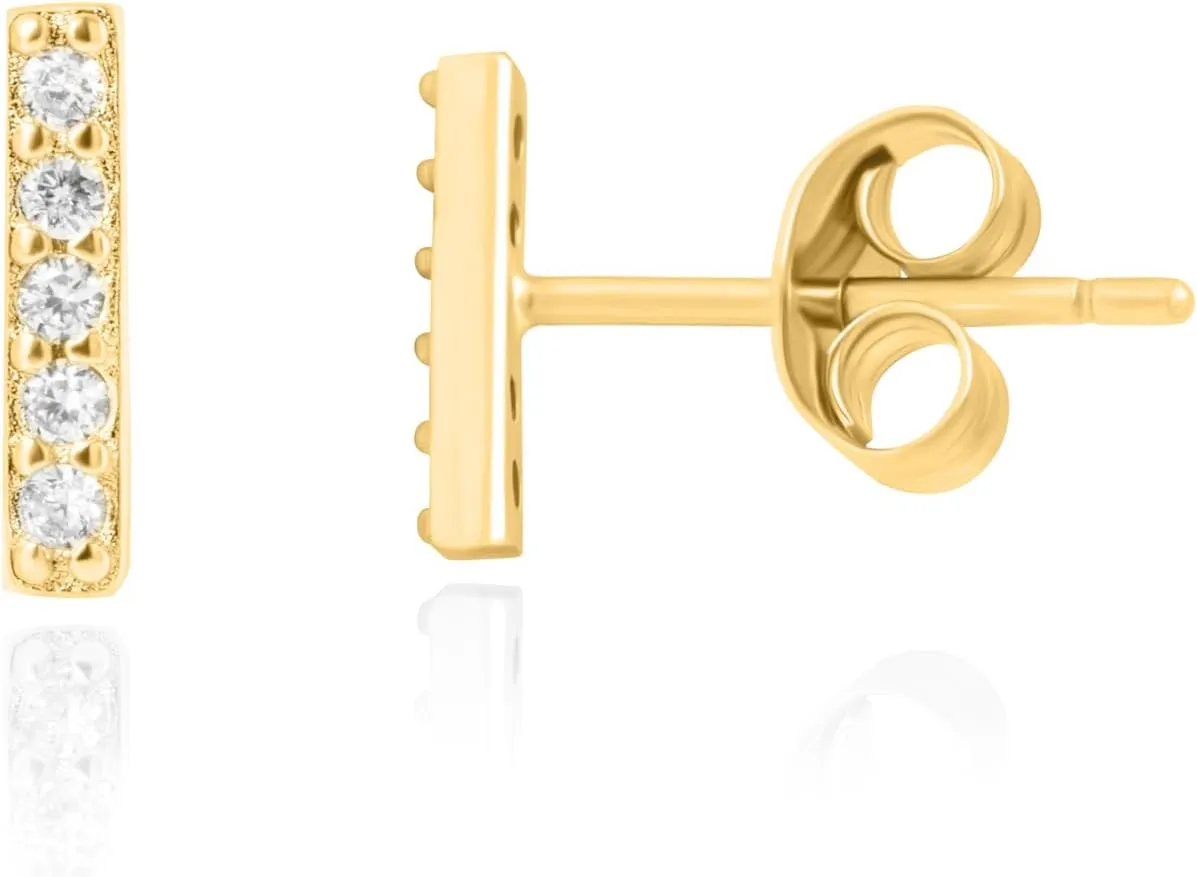 Altitude Boutique Cubic Zirconia Gold Bar Stud Earrings for Women | 18K Gold or Silver Plated Cz Bar Studs | Hypoallergenic Delicate Small Bar Earrings