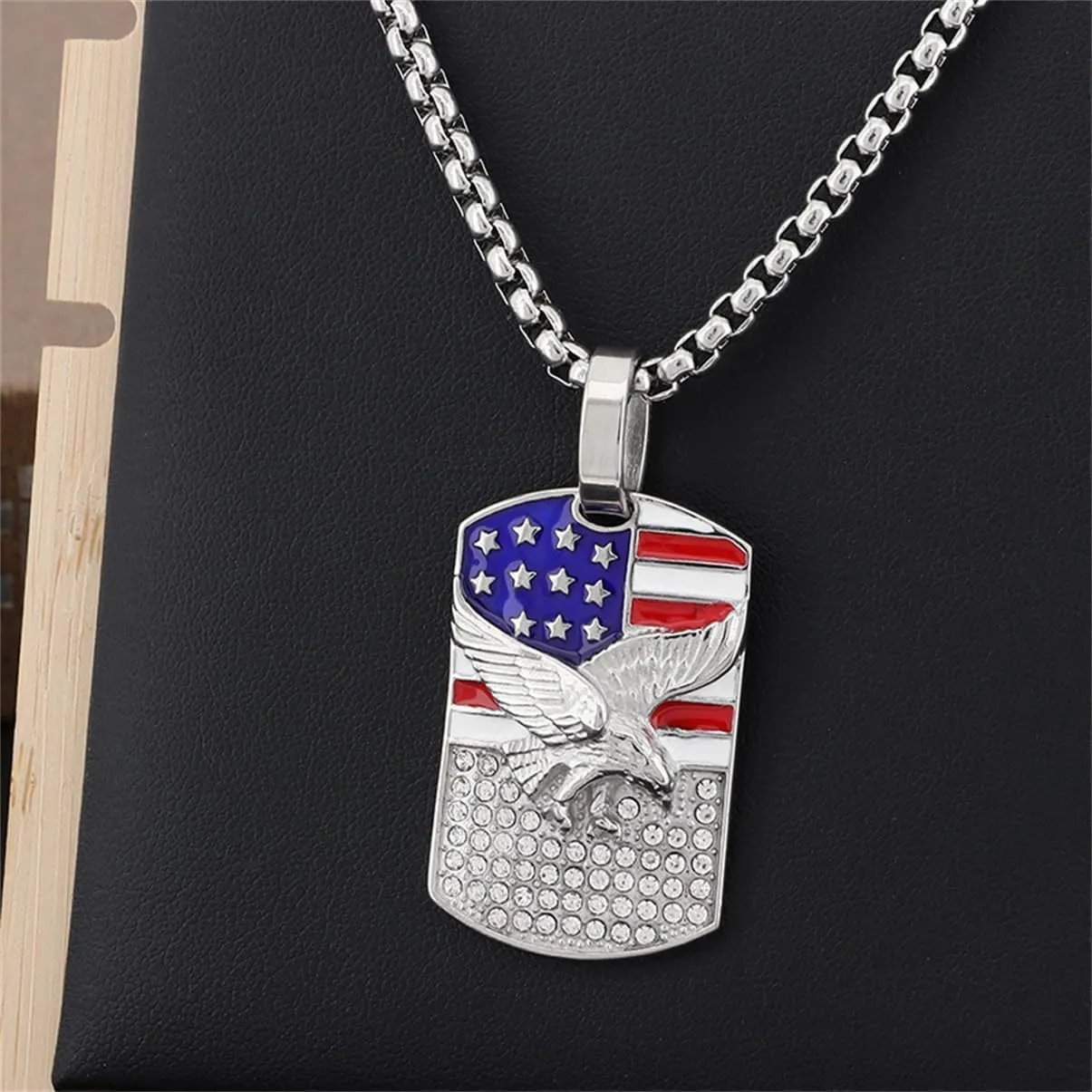 American Flag Necklace for Men,USA Flag Eagle Pendants,Stainless Steel Dog Tag Pendant Necklace,US Flag Jewelry for Women