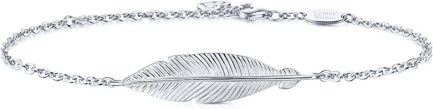 AmorAime 925 Sterling Silver Bracelet for Women Lucky Simple Feather Bracelets Love for Festival, Vacation or Holiday