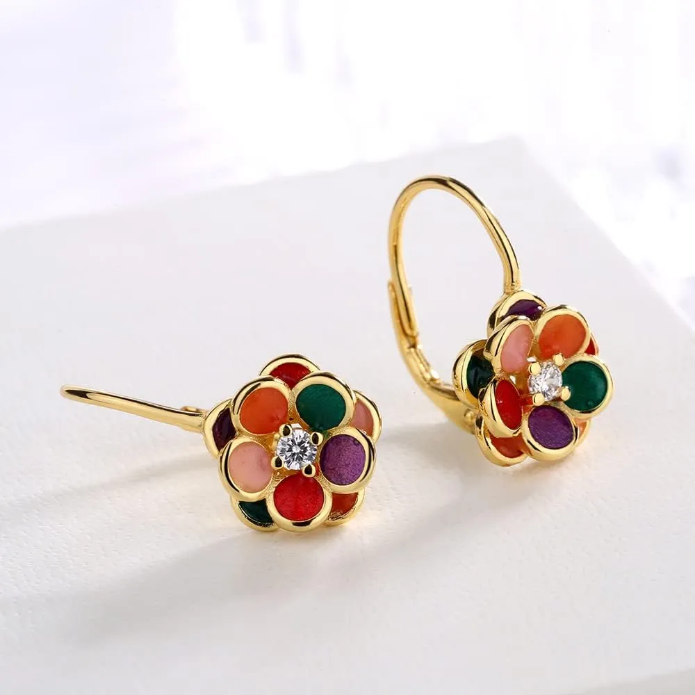 Amy & Annette Gold Plated Floral Leverback Earrings for Women with Genuine Crystal - Fashionable Jewelry for Ladies - Great Gift for Her
