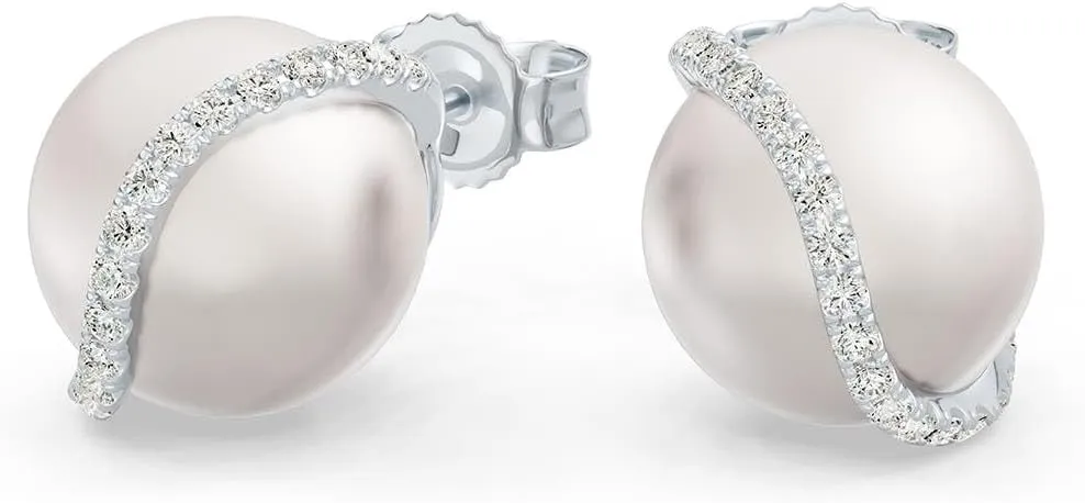 ANGARA 8MM Freshwater Cultured Pearl and 0.13 Ct. Natural Diamond Wave Stud Earrings in 14K Solid Gold For Women | June Birthstone, Birthday, Anniversary, Holiday Jewelry Gift for Women