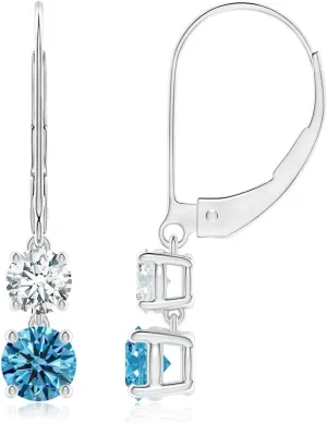 ANGARA Lab Grown Fancy Intense Blue and White Diamond Leverback Dangle Earrings in 14K Solid Gold/Platinum | Birthday, Engagement, Anniversary, Wedding Jewelry Gift for Women