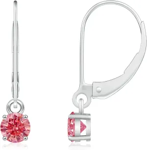 ANGARA Round Lab Grown Fancy Intense Pink Diamond Leverback Earrings in 14K Solid Gold/Platinum | Birthday, Engagement, Anniversary, Wedding Jewelry Gift for Women
