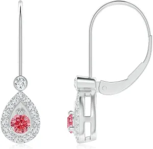 ANGARA Round Lab Grown Fancy Intense Pink Diamond Teardrop Halo Leverback Earrings in 14K Solid Gold/Platinum | Birthday, Engagement, Anniversary, Wedding Jewelry Gift for Women