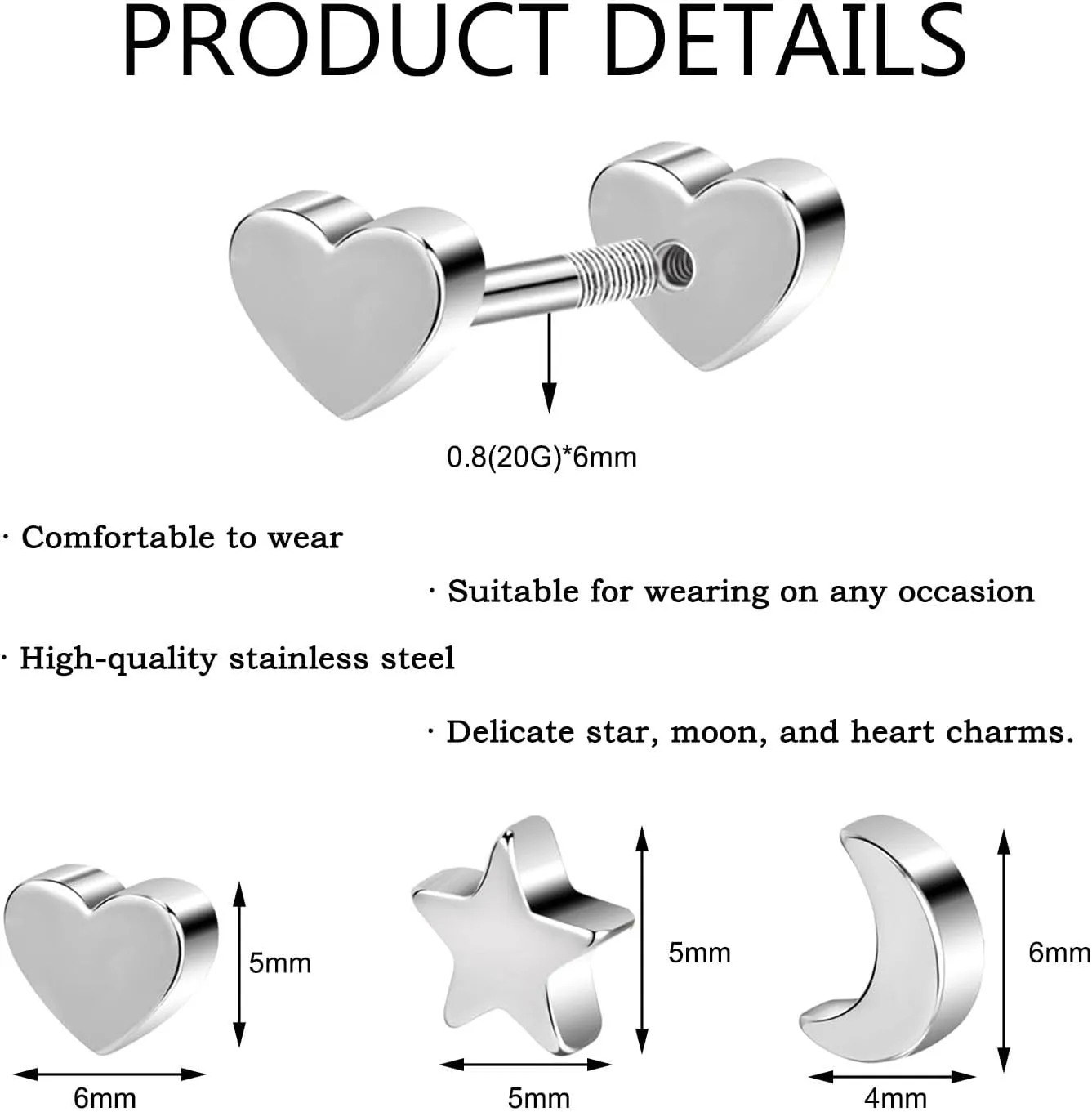 AOEDEJ 3 Pairs Cartilage Earrings for Women Screw Back Hypoallergenic Stud Earring Tiny Star Moon Heart Design Conch Tragus Helix Piercing Jewelry Gift for Her