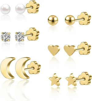 AOEDEJ 6 Pairs Gold Silver Stud Earrings Set Flowers Flat Earring Backs Small Stud Earrings for Women Hypoallergenic Stainless Steel Stud Earrings for Women