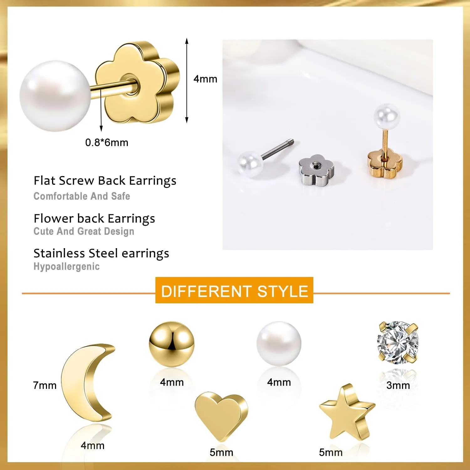 AOEDEJ 6 Pairs Gold Silver Stud Earrings Set Flowers Flat Earring Backs Small Stud Earrings for Women Hypoallergenic Stainless Steel Stud Earrings for Women