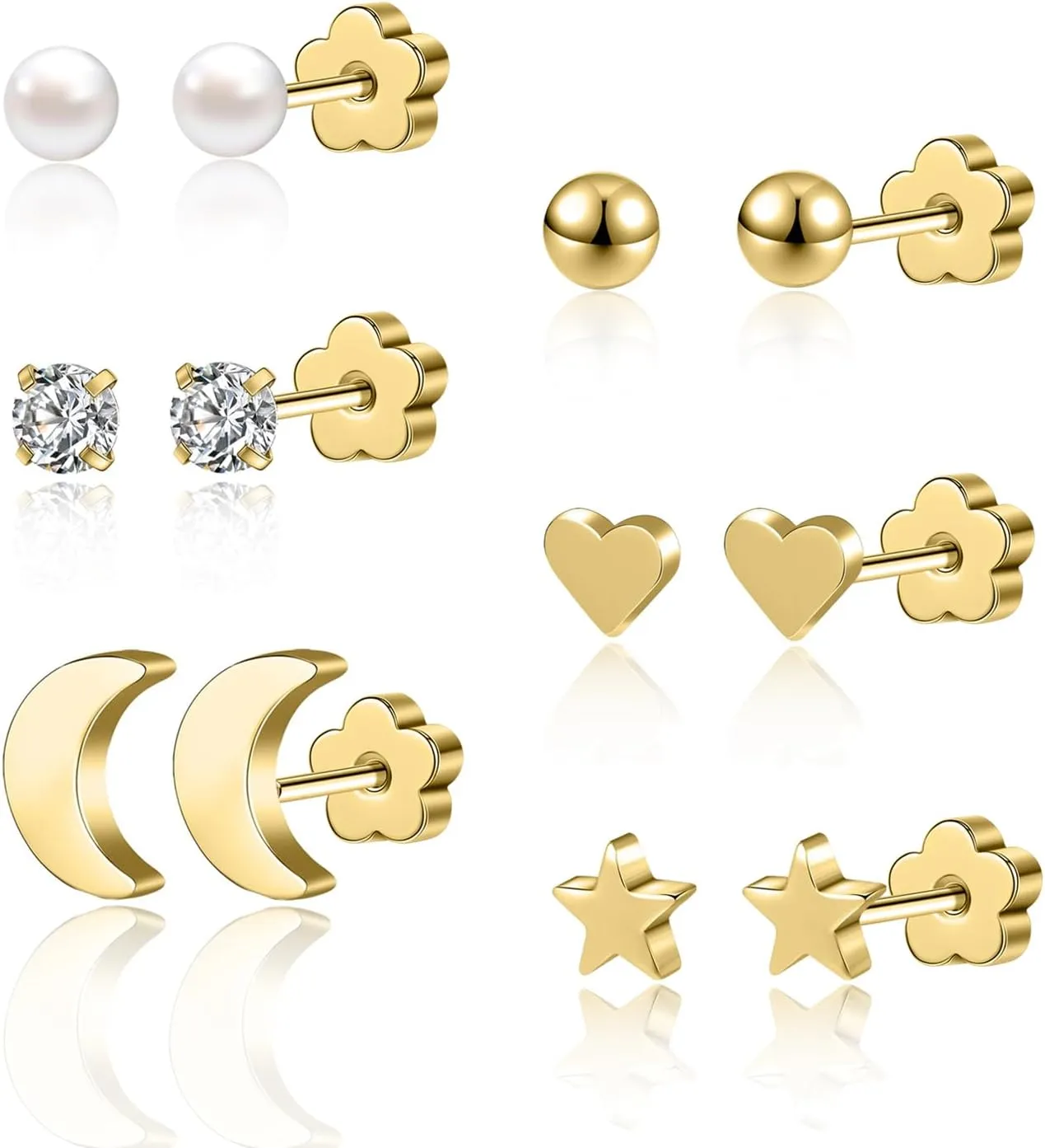 AOEDEJ 6 Pairs Gold Silver Stud Earrings Set Flowers Flat Earring Backs Small Stud Earrings for Women Hypoallergenic Stainless Steel Stud Earrings for Women