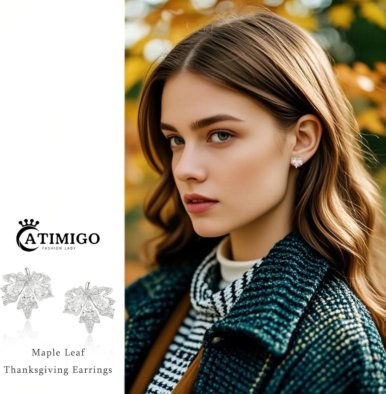ATIMIGO Fall Maple Leaf CZ Stud Earrings Cute Sparkly Hypoallergenic Cubic Zirconia Crystal Rose/White/14K Gold Stud Earrings for Women Thanksgiving Earrings Accessories Jewelry Gifts