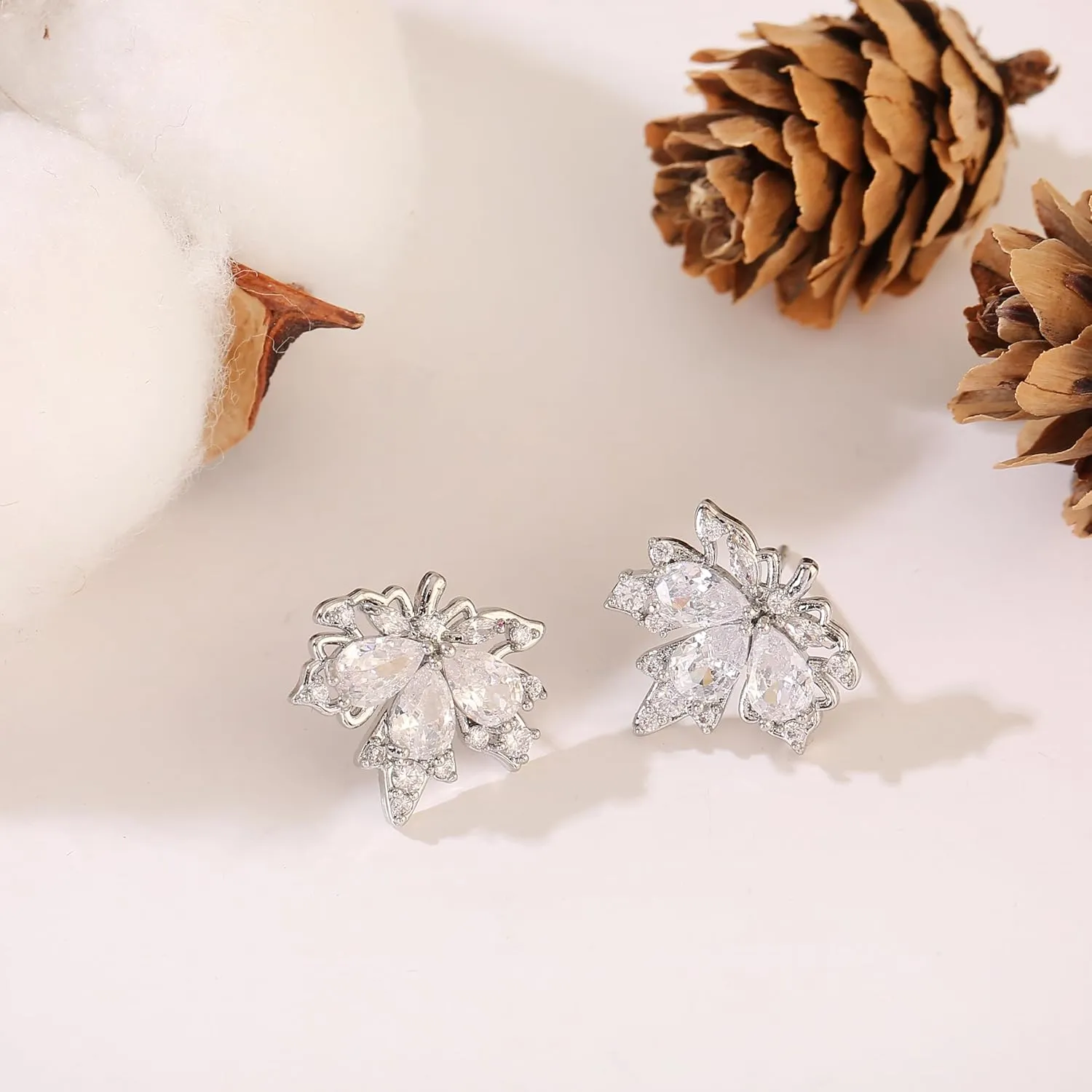 ATIMIGO Fall Maple Leaf CZ Stud Earrings Cute Sparkly Hypoallergenic Cubic Zirconia Crystal Rose/White/14K Gold Stud Earrings for Women Thanksgiving Earrings Accessories Jewelry Gifts