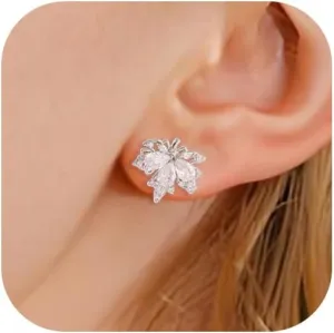 ATIMIGO Fall Maple Leaf CZ Stud Earrings Cute Sparkly Hypoallergenic Cubic Zirconia Crystal Rose/White/14K Gold Stud Earrings for Women Thanksgiving Earrings Accessories Jewelry Gifts