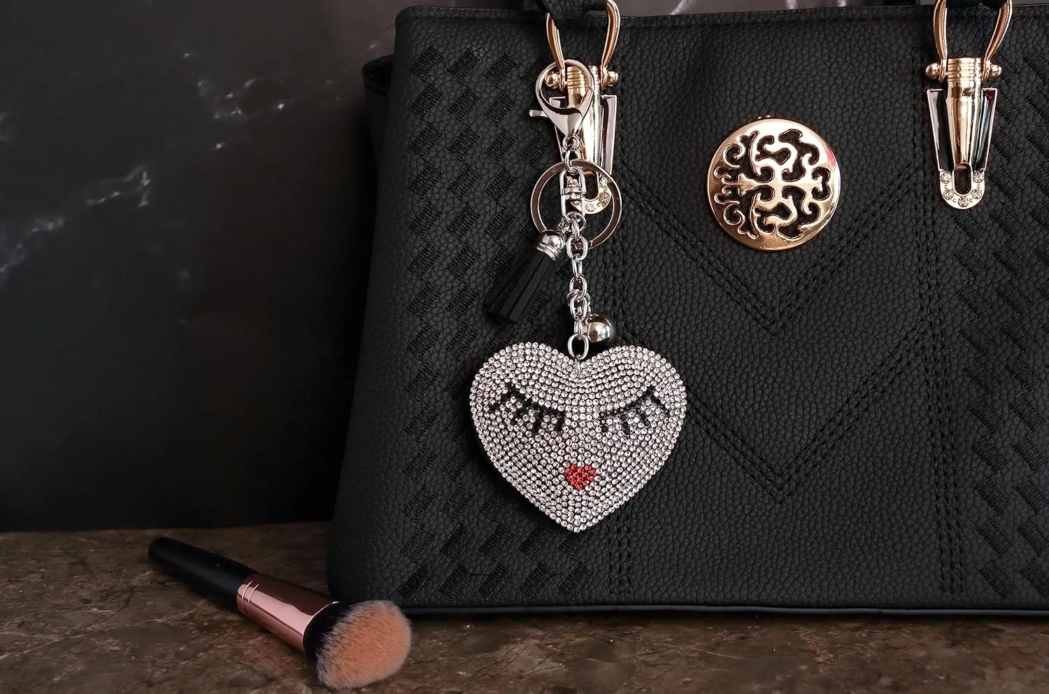 AuPra EyeLashes Heart KeyChain Gift Women Bling Rhinestone Love KeyRing Home Car Bag Clip Key Holder Crystal Tassel Present
