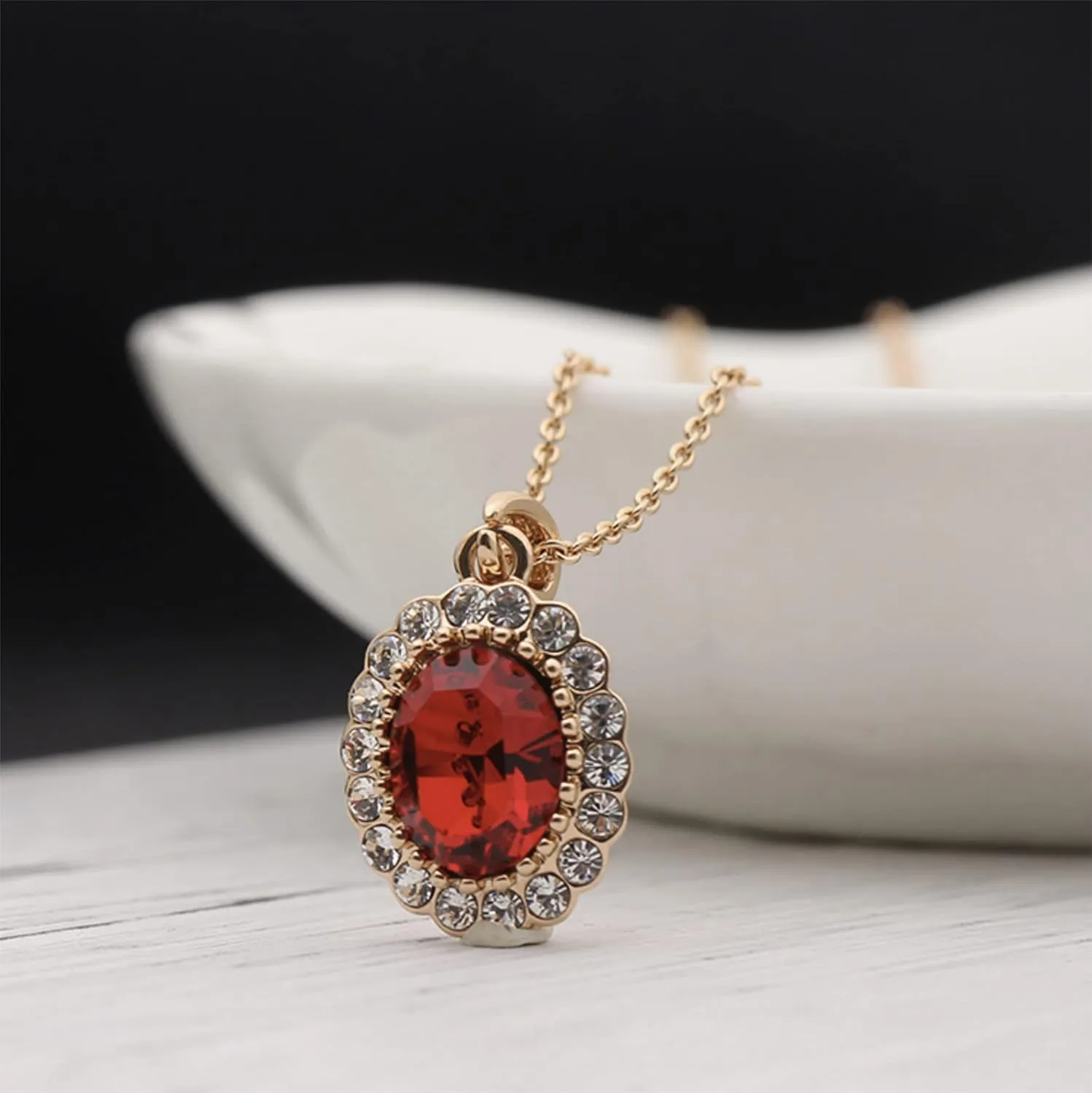Australia Crystal Halo Pendant Necklace  Vintage Style Oval Gemstone Pendant with Sparkling Cubic Zirconia Stones, Hypoallergenic Jewelry for Women