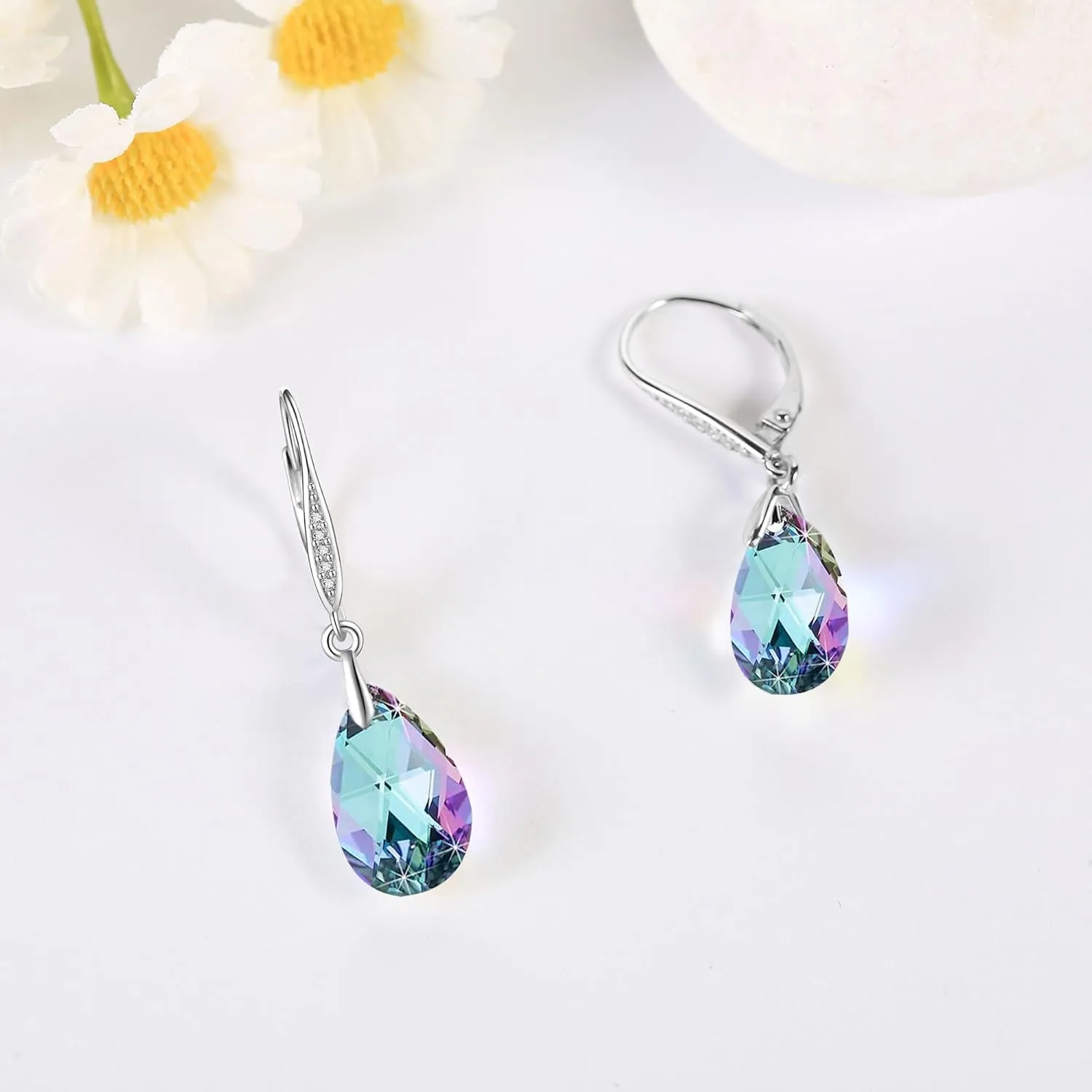 Austrian Crystal Earrings Sterling Silver Aurora Boreali/Light Green/Violet Light Drop Dangle Earrings Anniversary Birthday Jewelry Gifts for Women Wife Girlfriend