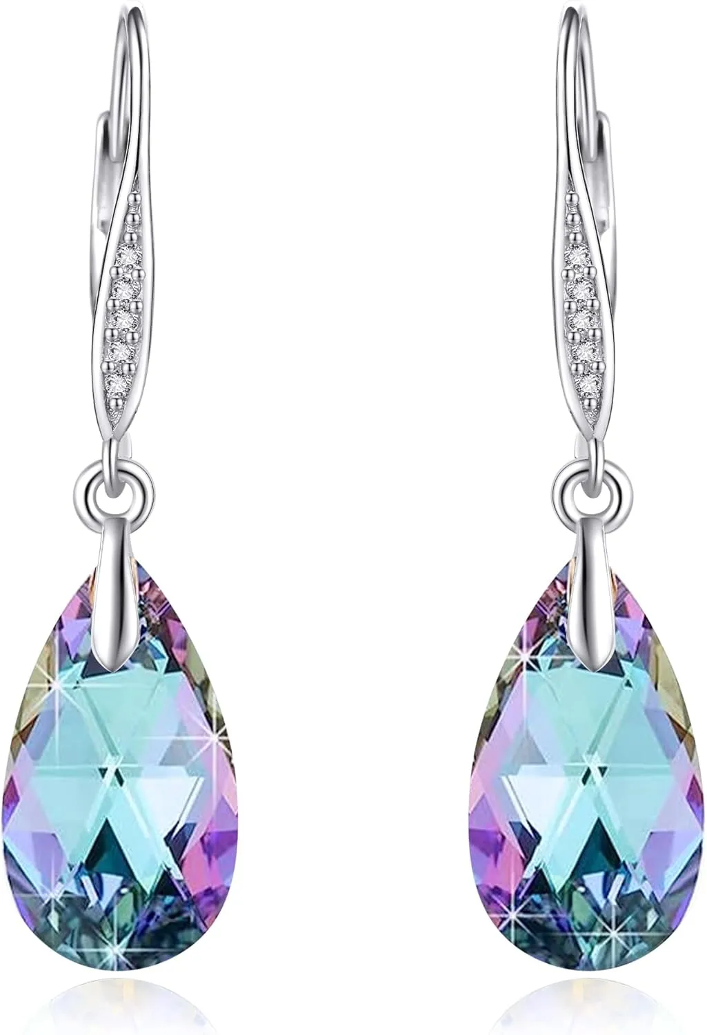 Austrian Crystal Earrings Sterling Silver Aurora Boreali/Light Green/Violet Light Drop Dangle Earrings Anniversary Birthday Jewelry Gifts for Women Wife Girlfriend