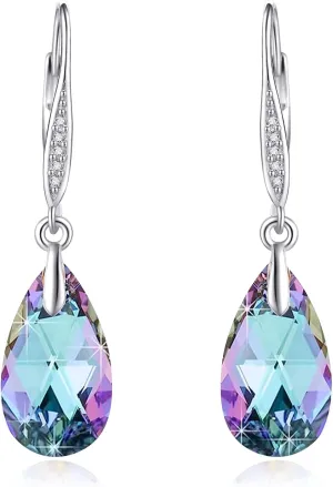Austrian Crystal Earrings Sterling Silver Aurora Boreali/Light Green/Violet Light Drop Dangle Earrings Anniversary Birthday Jewelry Gifts for Women Wife Girlfriend