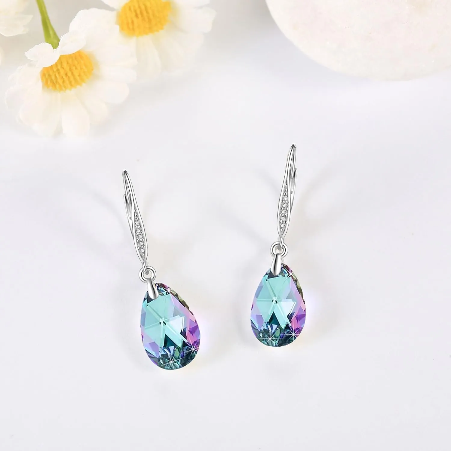 Austrian Crystal Earrings Sterling Silver Aurora Boreali/Light Green/Violet Light Drop Dangle Earrings Anniversary Birthday Jewelry Gifts for Women Wife Girlfriend