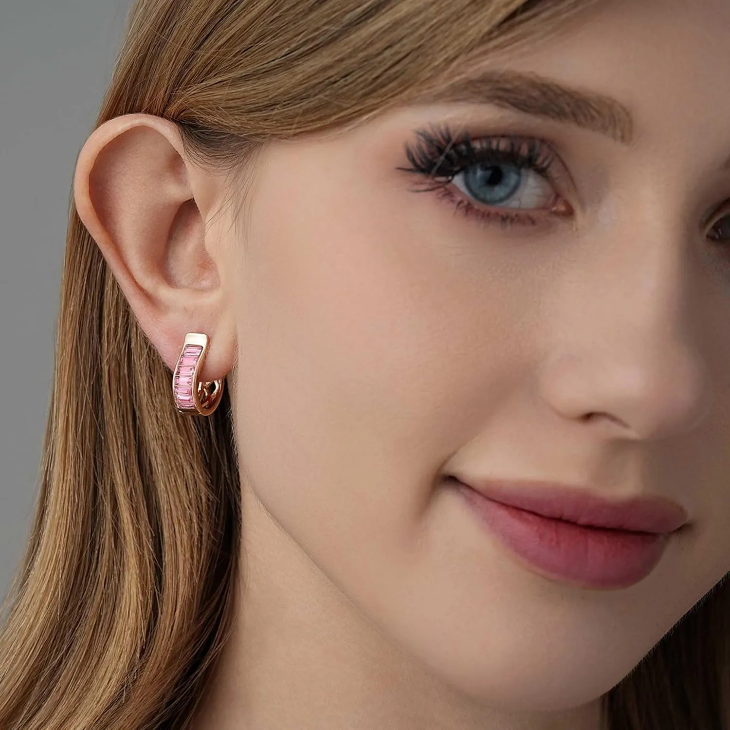 Austrian Crystal Hoop Earrings for Women Oval Hoop Earrings for Women 14K Rose Gold Plated Hypoallergenic Lightweight Everyday Jewelry