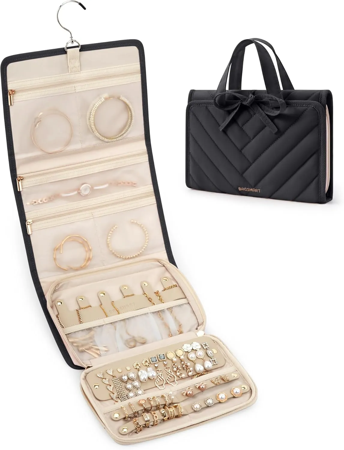 BAGSMART Travel Jewelry Case Organizer, Large Capacity Foldable Jewelry Roll for Journey - Rings, Necklaces, Earrings, Bracelets, Fashion Black