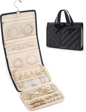 BAGSMART Travel Jewelry Case Organizer, Large Capacity Foldable Jewelry Roll for Journey - Rings, Necklaces, Earrings, Bracelets, Fashion Black
