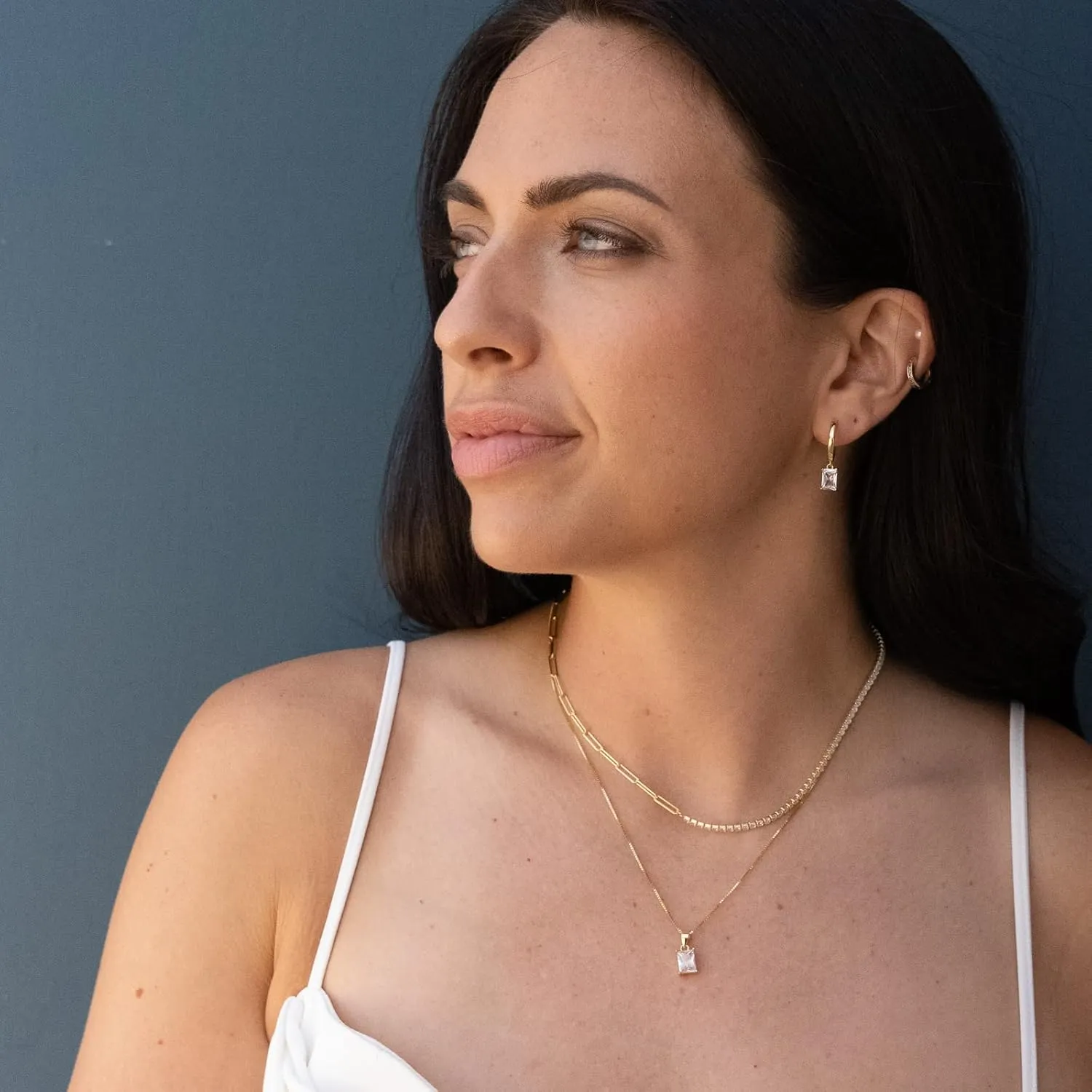 Baguette CZ Pendant Necklace | 14K Gold Plated Sterling Silver | Emerald Baguette Pendant Dainty Box Chain Necklace 18''