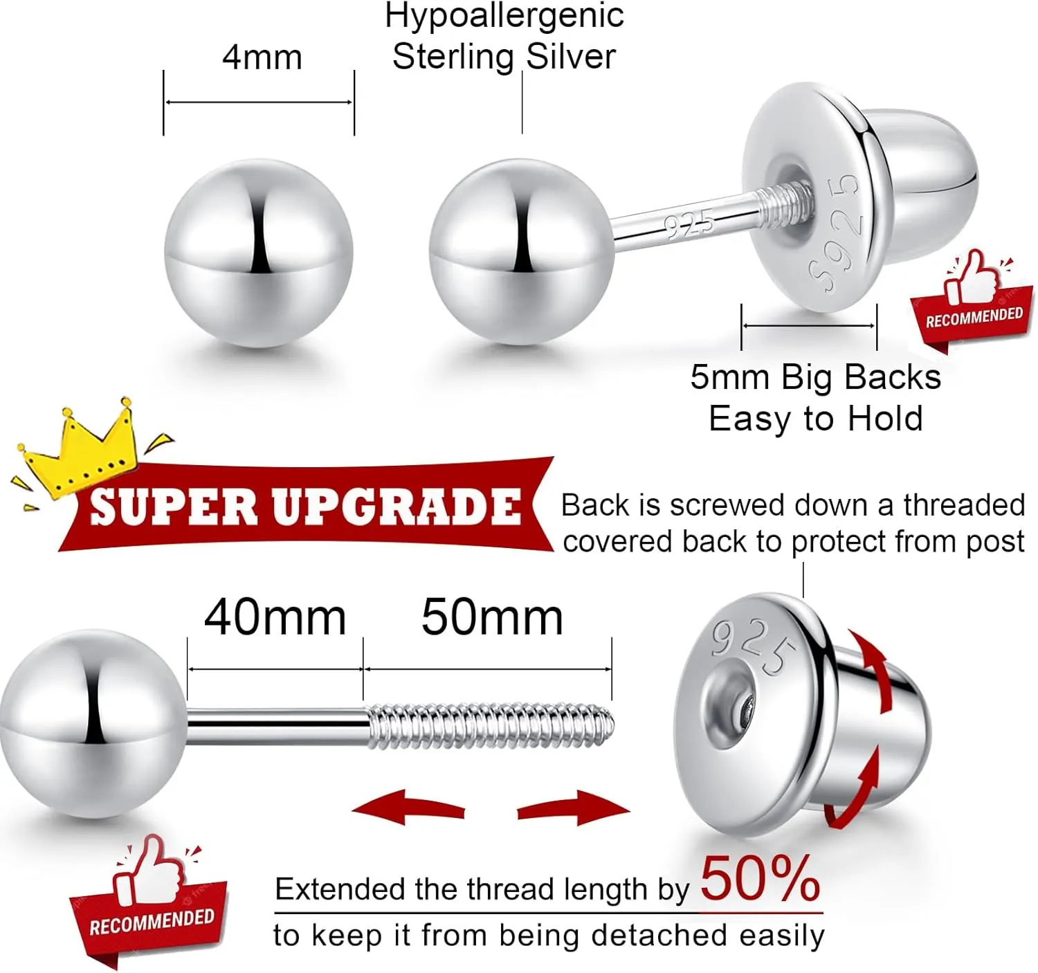 Ball Screw Back Earrings for Women 925 Sterling Silver Hypoallergenic Available in 3mm-5mm Classic Round Ball Studs